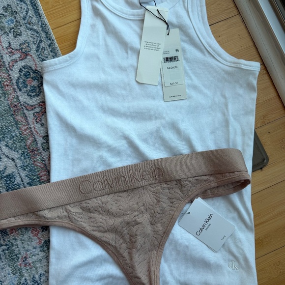 🤍 Calvin Klein Ribbed Tank + Lace Thong Set (New with Tags) - Picture 1 of 6